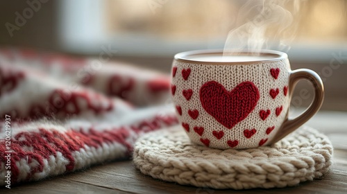 A steaming mug wrapped in a knitted cozy with heart patterns sits on a knitted coaster by a window, conveying warmth, comfort, affection, and homeliness photo