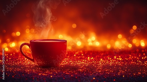 A vivid red cup with steaming hot beverage stands on a sparkling glitter background, evoking warmth, festivity, celebration, and joyful ambiance full of warmth. photo