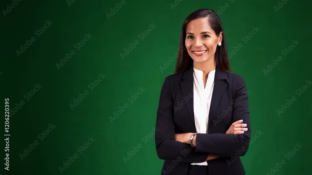 Confident Businesswoman with Crossed Arms Smiling on Green Background Confident Businesswoman with Crossed Arms Smiling on Green Background