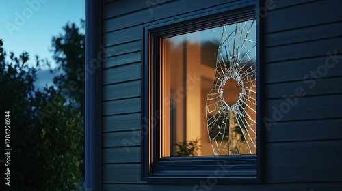 Crime prevention concept. Modern ordinary house with a single broken window pane, showing signs of burglary