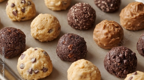 Wallpaper Mural Various types of cookie dough balls, including chocolate chip and peanut butter, arranged neatly on a tray, poised to become delightful homemade cookies. Torontodigital.ca