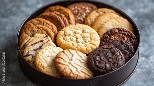 A variety of cookies with different textures and flavors presented in an elegantly designed metal tin, offering a visual treat that's both pleasing and appetizing. photo