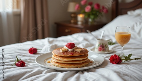 Romantic breakfast in bed with pancakes and roses  photo