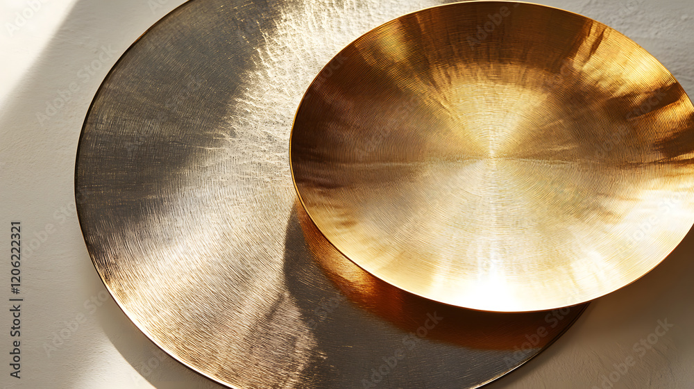 Shiny circular gold plate with smooth reflections.