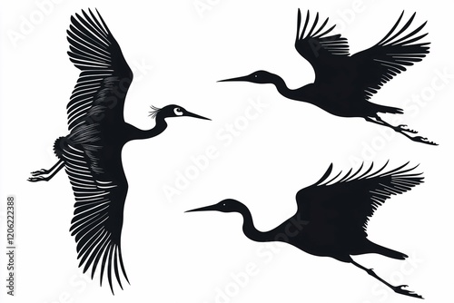 This bird silhouette collection features stunning black outlines of diverse species in flight and resting, perfect for nature-related artwork and educational resources. photo