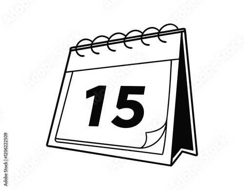 black and white illustration of a desk calendar displaying the number 15, with a curled page corner, representing a specific date or deadline