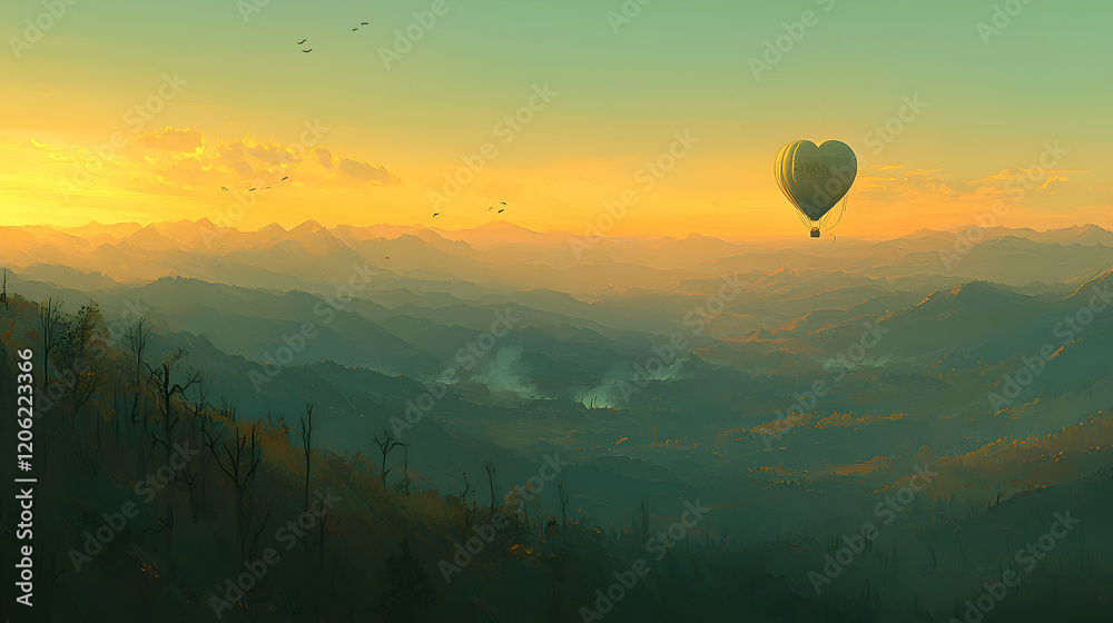 A hot air balloon shaped like a heart soaring over a scenic mountain range, styled in a vintage travel poster aesthetic A hot air balloon shaped like a heart soaring over a scenic mountain range, styled in a vintage travel poster aesthetic