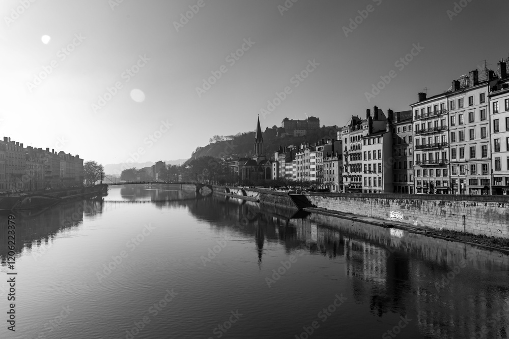 Urban scene with buildings around the River Saone, Lyon, France Urban scene with buildings around the River Saone, Lyon, France