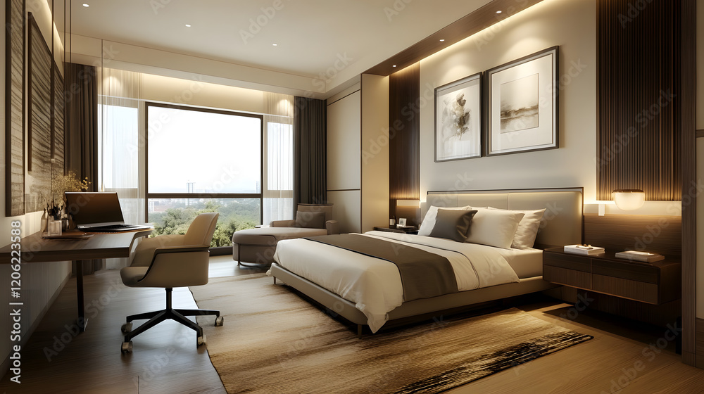 Fototapeta premium Luxurious bedroom with modern decor and soft lighting.