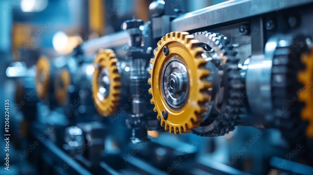 Fototapeta premium A close inspection of yellow industrial gears tightly interlocking within a metallic machine, reflecting the precision and complexity of modern engineering systems.