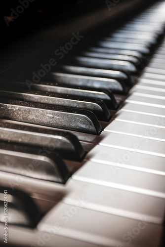 Closeup side view perspective with natural light exposure on black and white piano keys photo