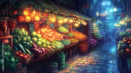 A whimsical market stall overflowing with magical produce, where glowing vegetables and fruits symbolize the ultimate in healthy nutrition. Whimsical Market. Illustration photo