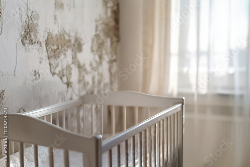 Wooden baby crib stands against wall with mold and moisture stains. Dampness, moisture, humidity, ventilation problems at home. Allergy, mold health risk to children photo