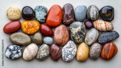 Various polished stones are aligned in a horizontal arrangement, showcasing a spectrum of colors and textures, demonstrating natural beauty and diversity. photo