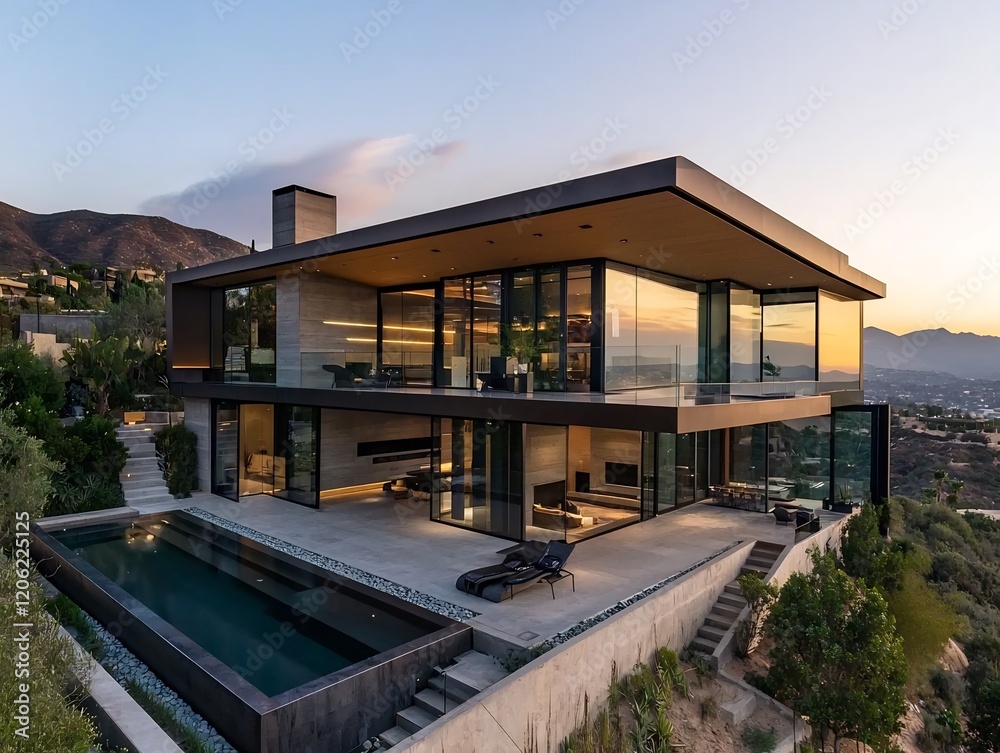 Contemporary hillside villa with sleek angular architecture large glass windows and balconies overlooking the valley below The outdoor area features an infinity pool and simple stone landscaping Contemporary hillside villa with sleek angular architecture large glass windows and balconies overlooking the valley below The outdoor area features an infinity pool and simple stone landscaping