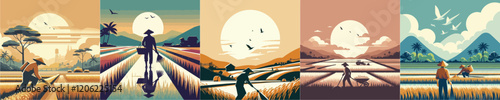 vector of farmers working in the rice fields
