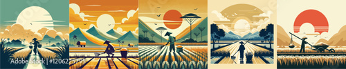 vector of farmers working in the rice fields