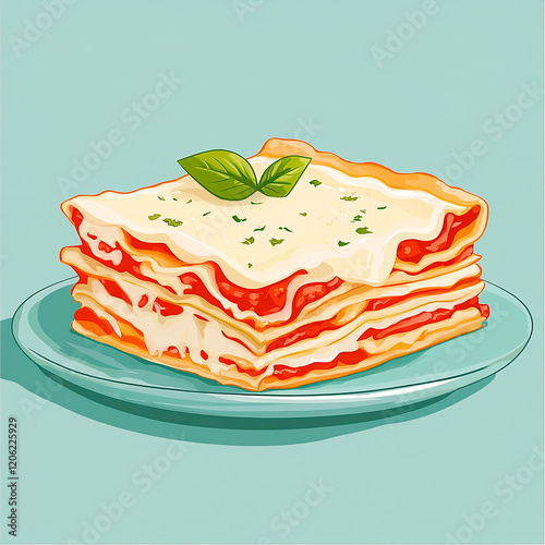 Illustration of Classic Lasagna on Blue Background with Mint Garnish