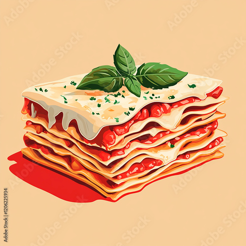 Illustrated Gourmet Lasagna with Fresh Basil Garnish on Neutral Background