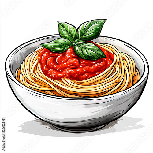 Illustration of a Bowl of Spaghetti with Tomato Sauce and Fresh Basil Garnish