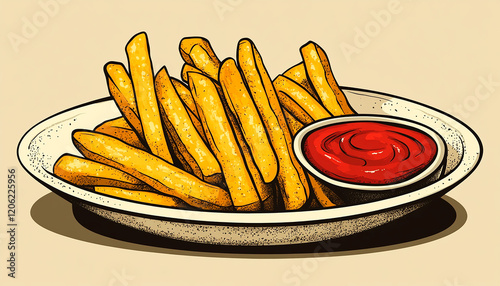 Crispy French Fries With Ketchup on a Plate Illustration in Retro Style