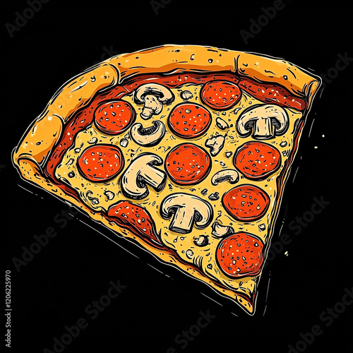 Illustration of a Pepperoni Pizza Slice with Mushrooms on Black Background