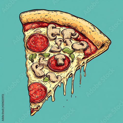 Illustrated Pizza Slice With Toppings on a Vibrant Blue Background