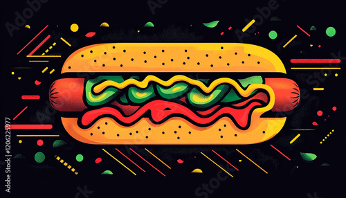 Vibrant Hot Dog Illustration with Abstract Geometric Background