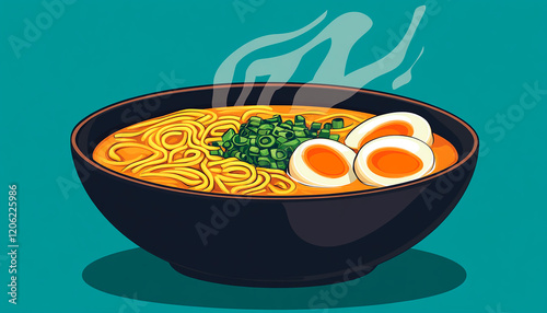 Illustrative Bowl of Ramen With Eggs, Scallions, and Steaming Broth