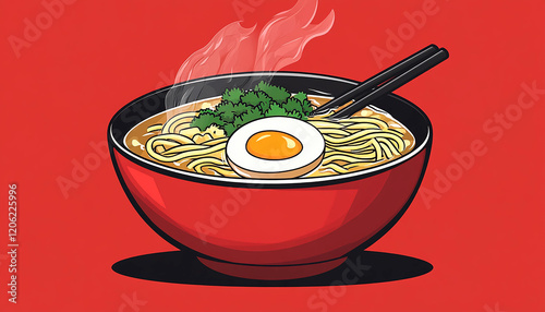 Illustration of Steaming Noodles with Egg in Red Bowl on Red Background