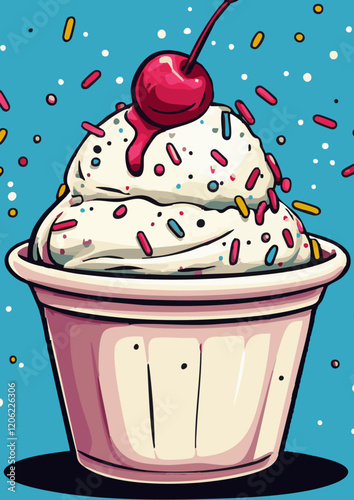 Colorful Ice Cream Cup With Cherry Topping and Sprinkles on Blue Background