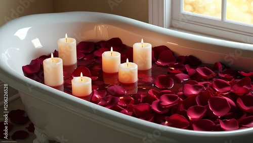 Candles in the bathroom with rose petals