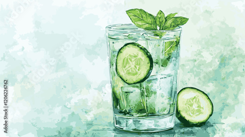 Refreshing Cucumber and Mint Drink With Ice in a Stylish Glass