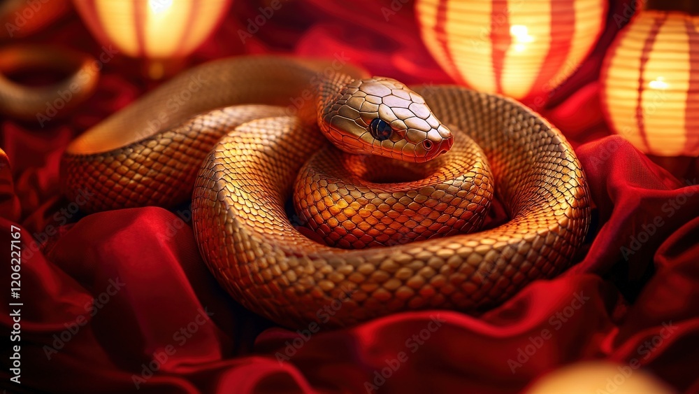 Fototapeta premium Golden Snake Coiled Among Red Silk and Lanterns