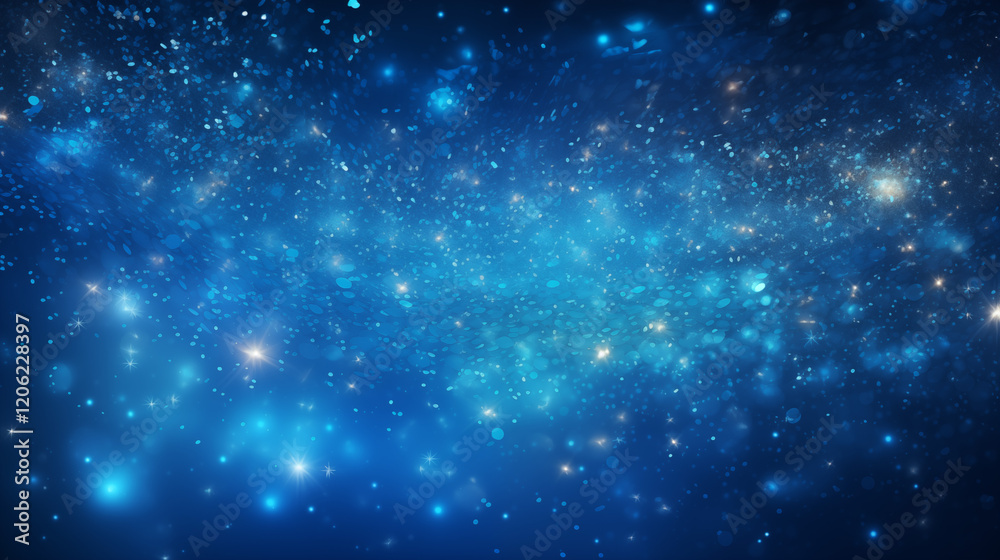 Naklejka premium Particules scintillantes et brillantes volant sur fond bleu. Lumière bleutée, paillettes blanches et flou. Fond pour bannière, conception et création graphique. 