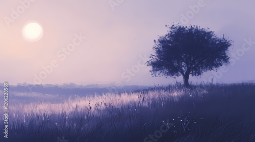 Meadow's evening veil, tranquil meadow enveloped in deepening shadows, serene landscape inviting exploration, minimalist design enhancing the sense of calm and mystery. Twilight Meadow. Illustration photo