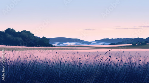 Meadow's evening veil, tranquil meadow enveloped in deepening shadows, serene landscape inviting exploration, minimalist design enhancing the sense of calm and mystery. Twilight Meadow. Illustration photo