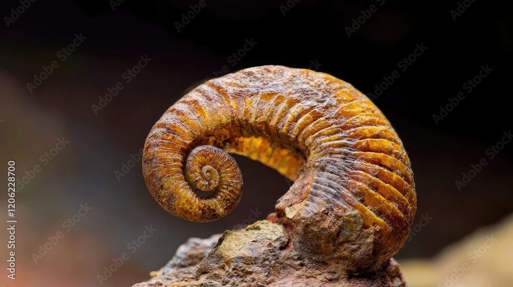 Fossilized ammonite spiral, ancient ocean relic on rock. Nature study, science education Fossilized ammonite spiral, ancient ocean relic on rock. Nature study, science education