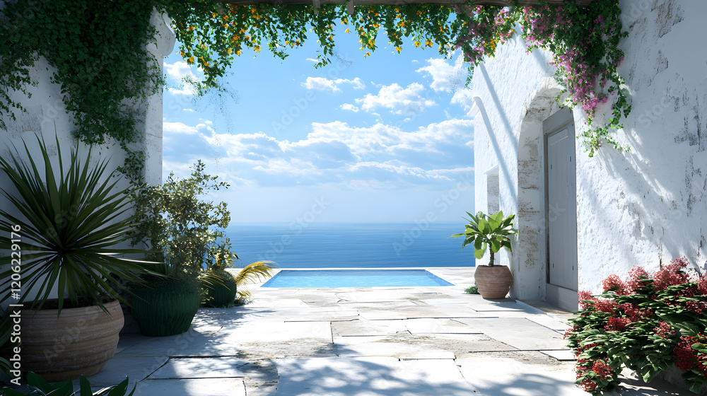 Fototapeta premium Serene blue water pool by lush garden