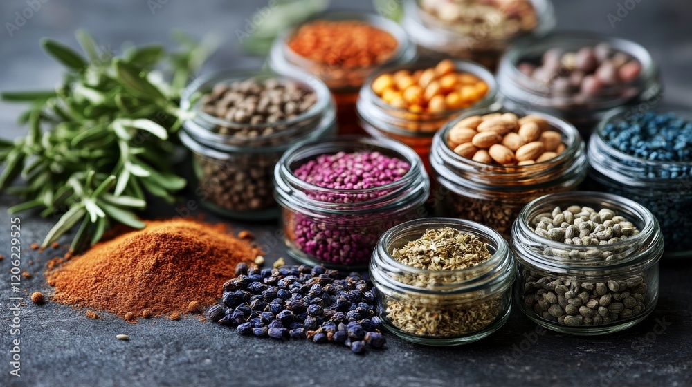 Fototapeta premium Assorted spices beautifully presented in glass jars, highlighting the diverse colors and textures, representing culinary creativity, diversity, and culture.