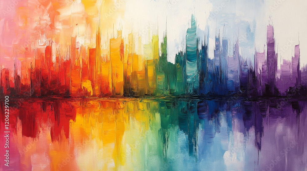 A colorful abstract cityscape is reflected in water, capturing a kaleidoscope of hues, embodying city diversity and vivid urban imagination creatively. A colorful abstract cityscape is reflected in water, capturing a kaleidoscope of hues, embodying city diversity and vivid urban imagination creatively.