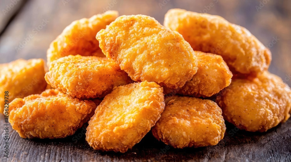 Golden chicken nuggets on wooden table. Fast food meal Golden chicken nuggets on wooden table. Fast food meal