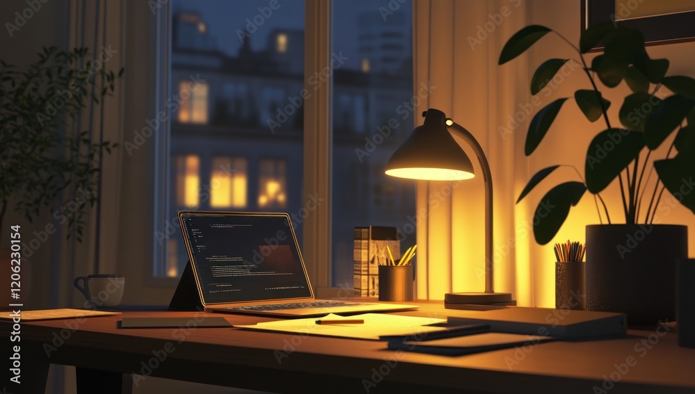 Nighttime Cozy Workspace: Laptop, Desk Lamp, and City View
