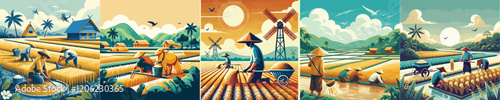 vector of farmers working in the rice fields