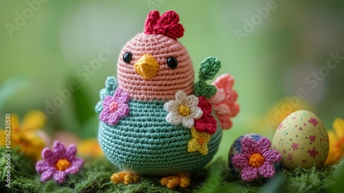 A colorful crochet chicken adorned with flowers, surrounded by nature-inspired elements, symbolizing creativity, warmth, and handcrafted artistry. photo