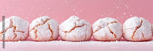 A line of pink cookies covered in powdered sugar, placed neatly against a pink background, tantalizing the viewer's taste buds with the promise of sweetness. photo