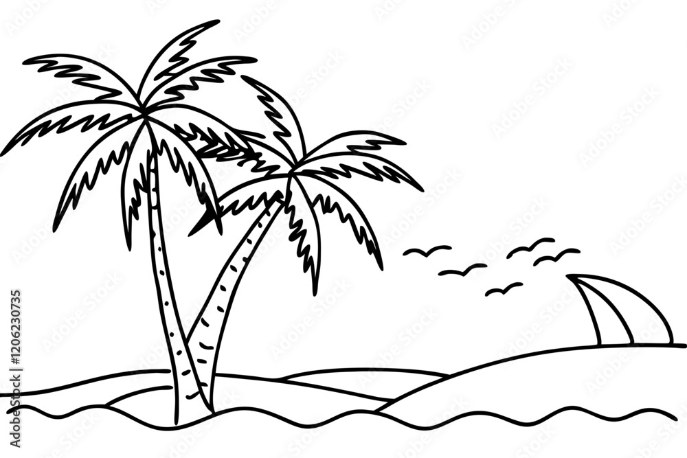 Continuous single one line art sketch drawing of beach sea with palm coconut tree tropical summer landscape vector illustration Continuous single one line art sketch drawing of beach sea with palm coconut tree tropical summer landscape vector illustration