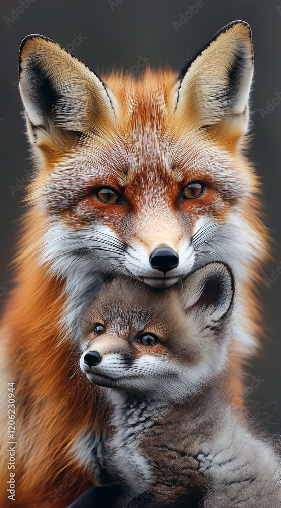 Fototapeta premium Affectionate moment between red fox and her little fox