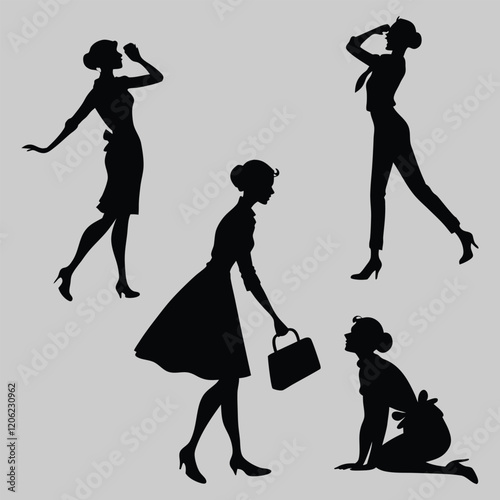 various pose of sweet lady silhouette vector design art and illustration