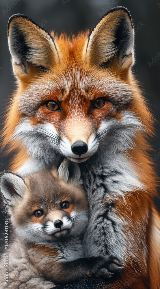Fototapeta premium Affectionate moment between red fox and her little fox